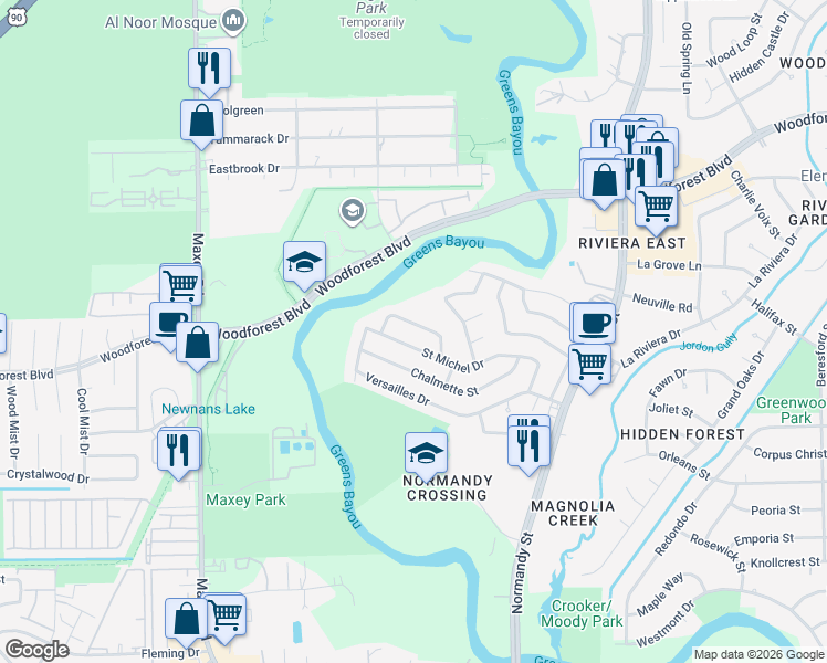 map of restaurants, bars, coffee shops, grocery stores, and more near 12426 West Beaupre Point Drive in Houston