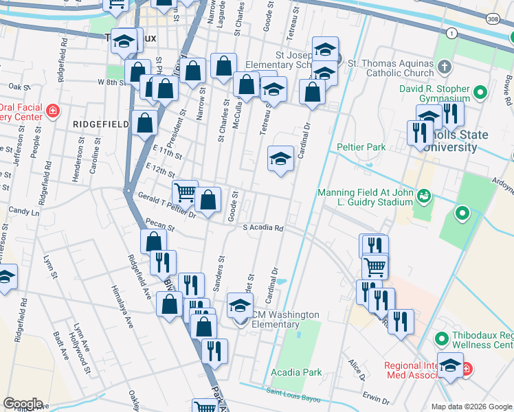 map of restaurants, bars, coffee shops, grocery stores, and more near 1204 Ledet Street in Thibodaux