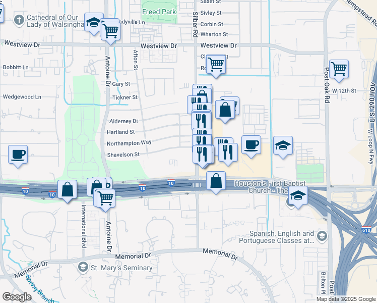 map of restaurants, bars, coffee shops, grocery stores, and more near 6815 Shavelson Street in Houston