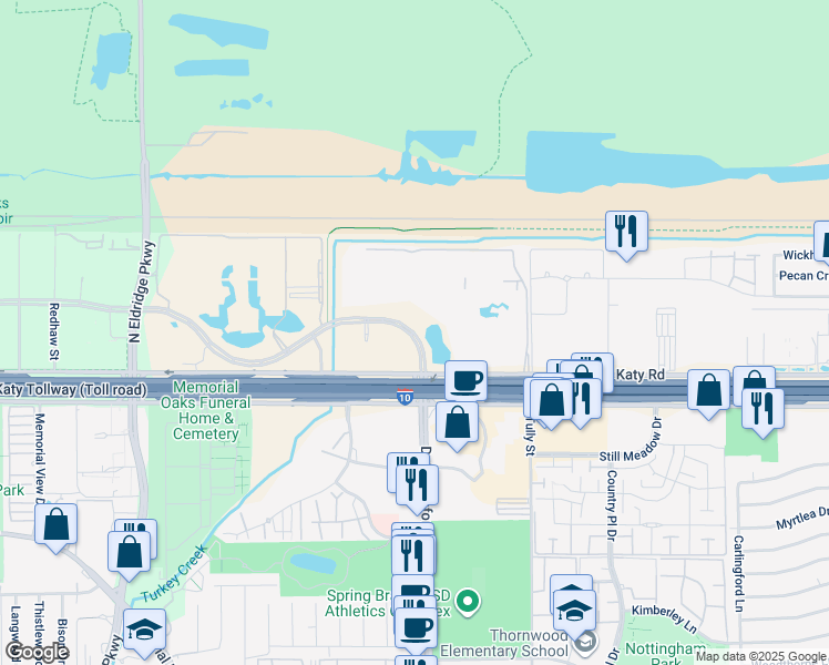 map of restaurants, bars, coffee shops, grocery stores, and more near 150 North Dairy Ashford Road in Houston