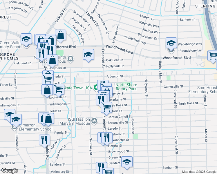 map of restaurants, bars, coffee shops, grocery stores, and more near 521 Freeport Street in Houston
