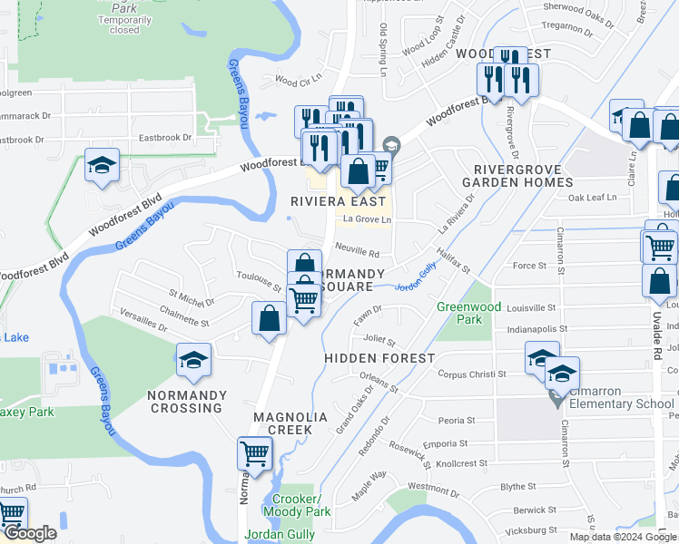 map of restaurants, bars, coffee shops, grocery stores, and more near 695 Normandy Street in Houston