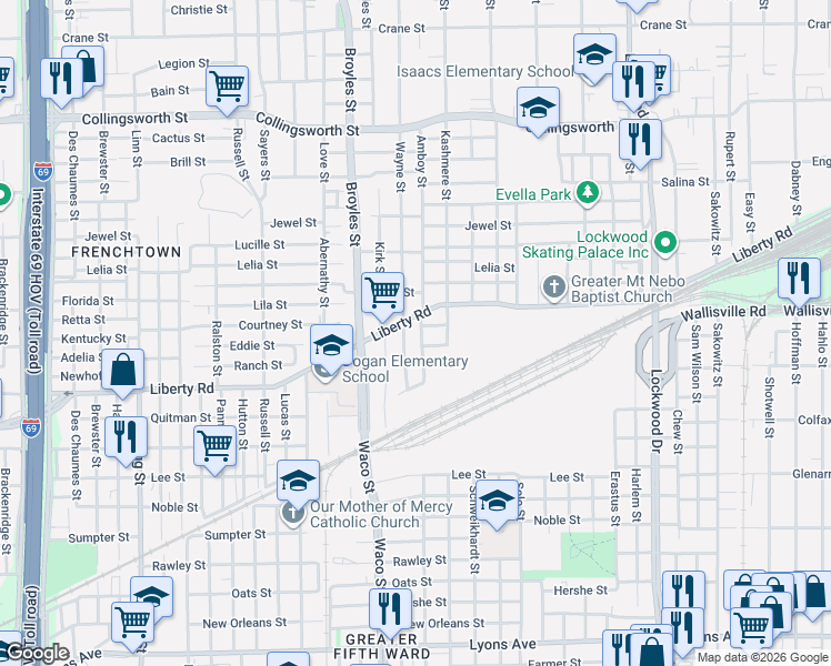 map of restaurants, bars, coffee shops, grocery stores, and more near 4428 Liberty Road in Houston