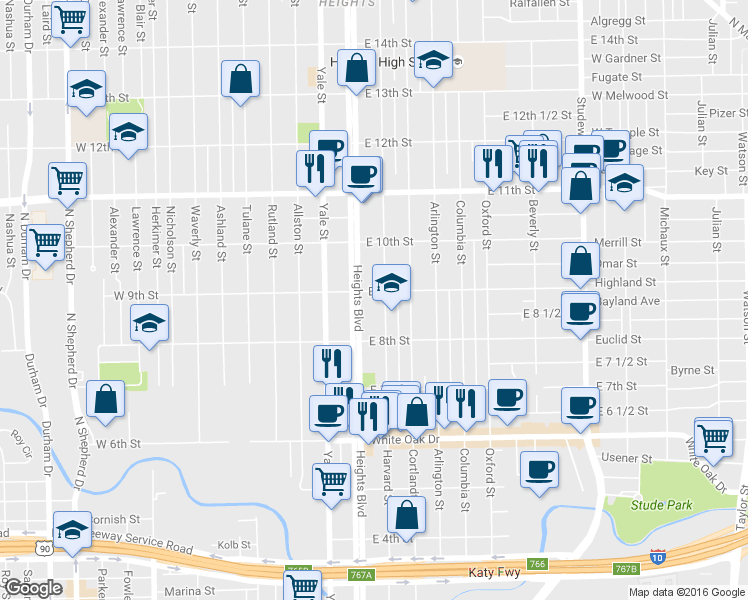 map of restaurants, bars, coffee shops, grocery stores, and more near 101 East 9th Street in Houston
