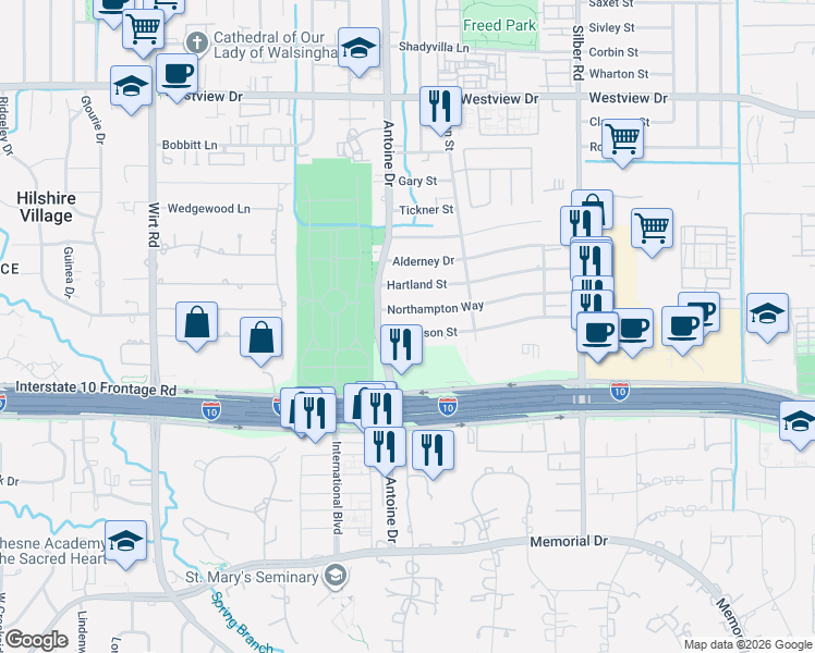 map of restaurants, bars, coffee shops, grocery stores, and more near 7207 Northampton Way in Houston
