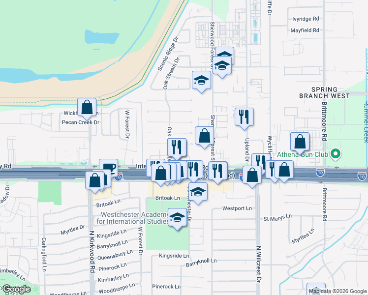 map of restaurants, bars, coffee shops, grocery stores, and more near 11206 Ash Creek Drive in Houston