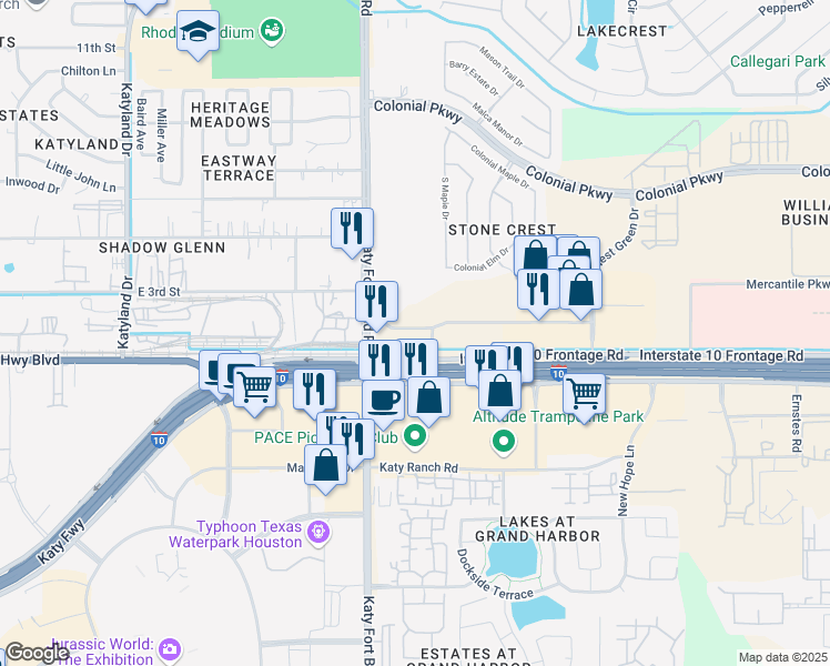 map of restaurants, bars, coffee shops, grocery stores, and more near 15915 Katy Freeway in Houston