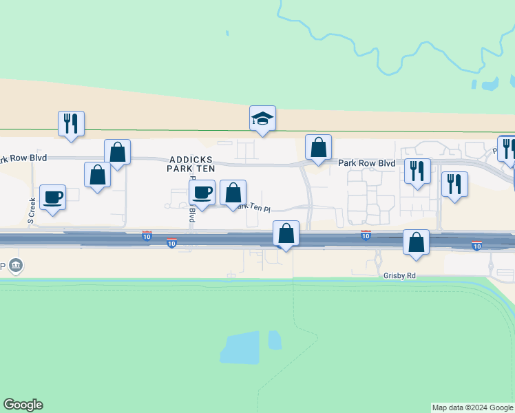 map of restaurants, bars, coffee shops, grocery stores, and more near 16106 Park Ten Place in Houston