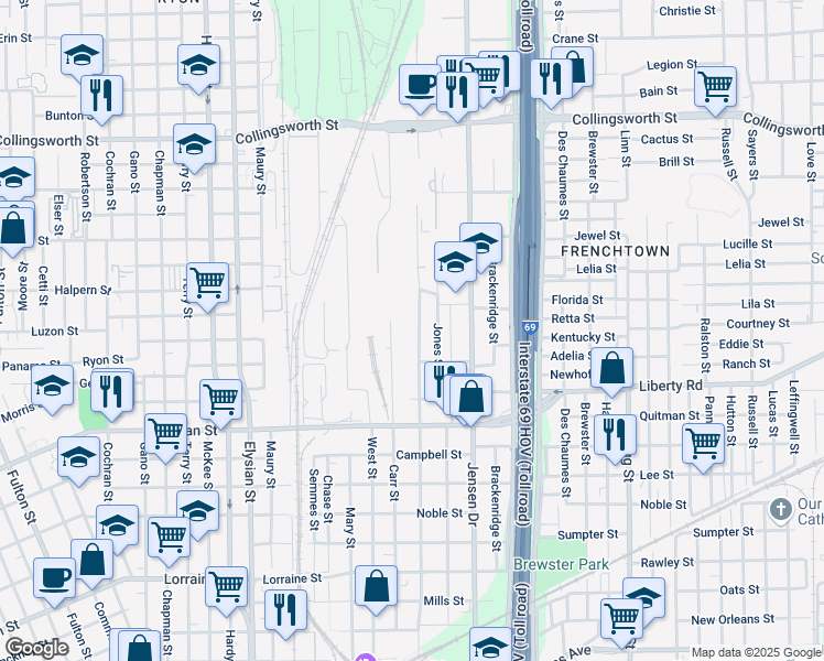 map of restaurants, bars, coffee shops, grocery stores, and more near 2631 Stevens Street in Houston