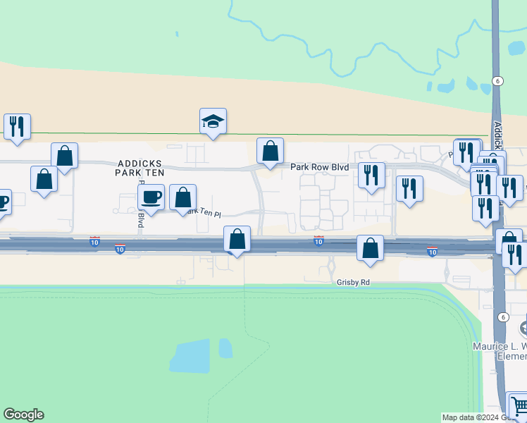map of restaurants, bars, coffee shops, grocery stores, and more near 1499 Broadfield Blvd in Houston