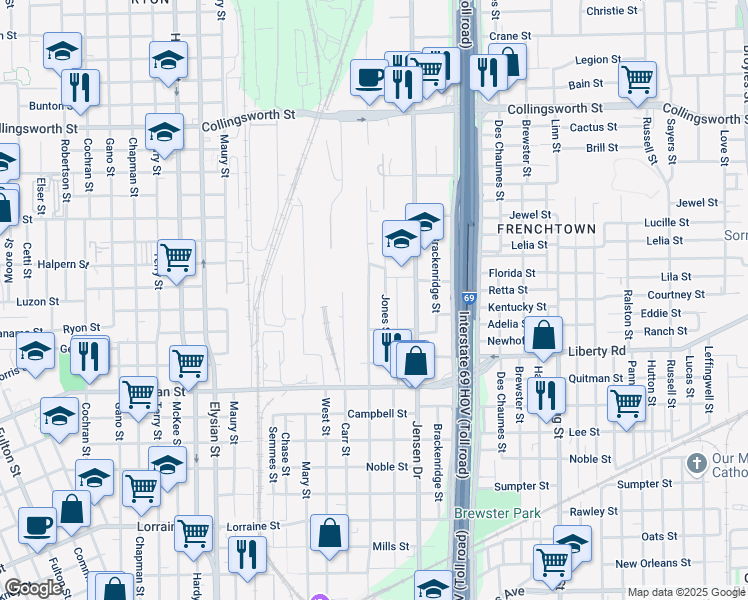 map of restaurants, bars, coffee shops, grocery stores, and more near 2631 Stevens Street in Houston