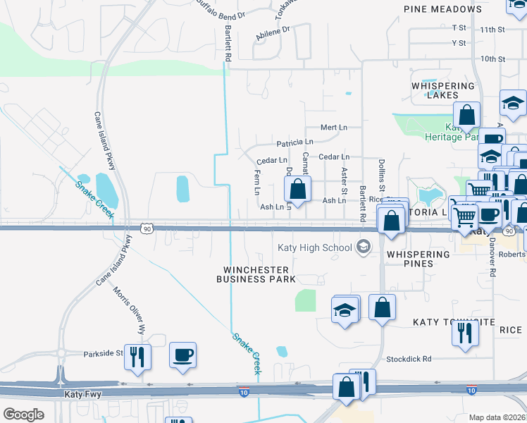 map of restaurants, bars, coffee shops, grocery stores, and more near 6813 Ash Lane in Katy