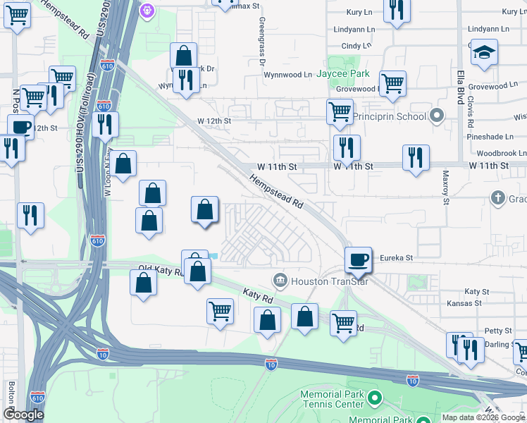 map of restaurants, bars, coffee shops, grocery stores, and more near 3604 Lannister Lane in Houston