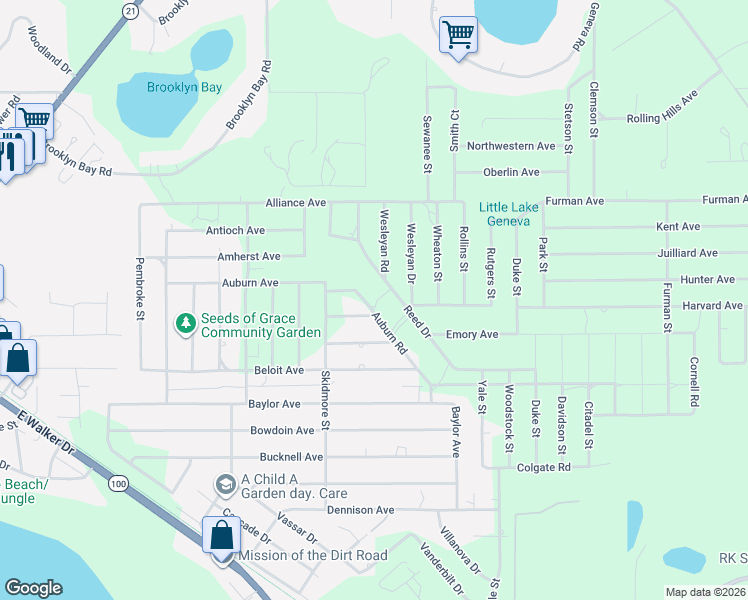 map of restaurants, bars, coffee shops, grocery stores, and more near 6306 Auburn Road in Keystone Heights