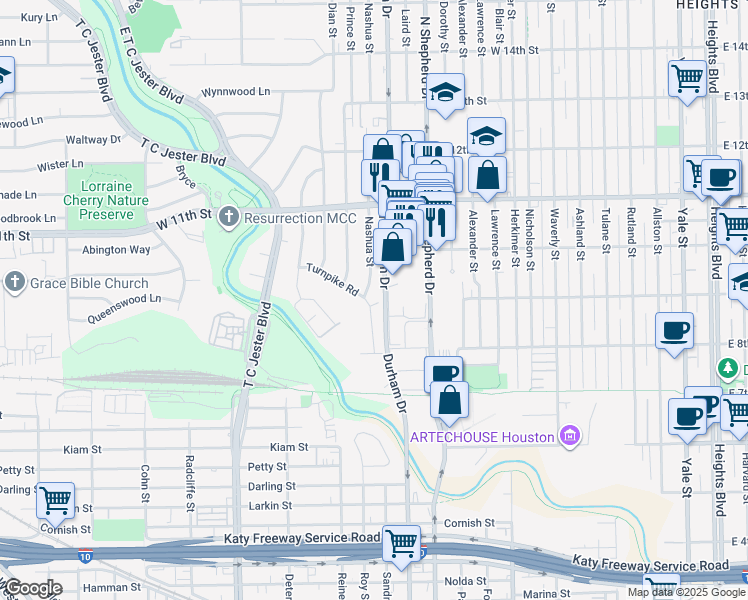 map of restaurants, bars, coffee shops, grocery stores, and more near 842 Nashua Street in Houston