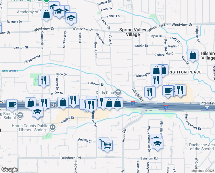 map of restaurants, bars, coffee shops, grocery stores, and more near 1034 Teresa Drive in Houston