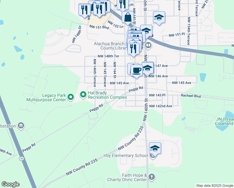map of restaurants, bars, coffee shops, grocery stores, and more near 14355 Northwest 144 Street in Alachua
