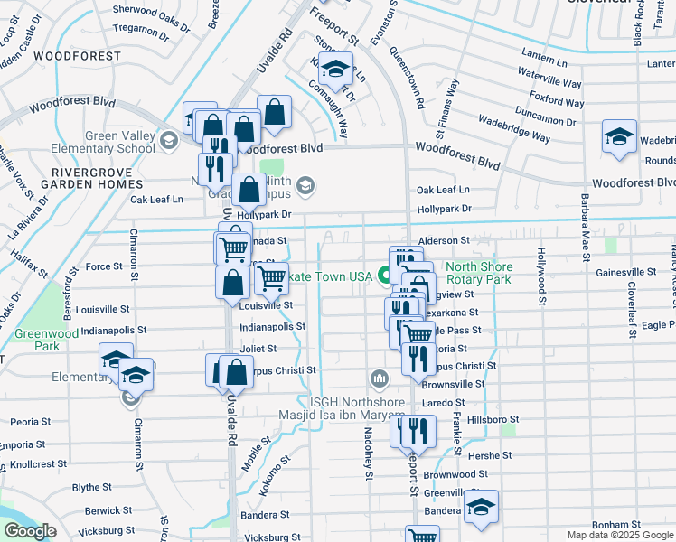 map of restaurants, bars, coffee shops, grocery stores, and more near 13734 Force Street in Houston