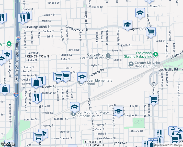 map of restaurants, bars, coffee shops, grocery stores, and more near 2900 Kirk Street in Houston