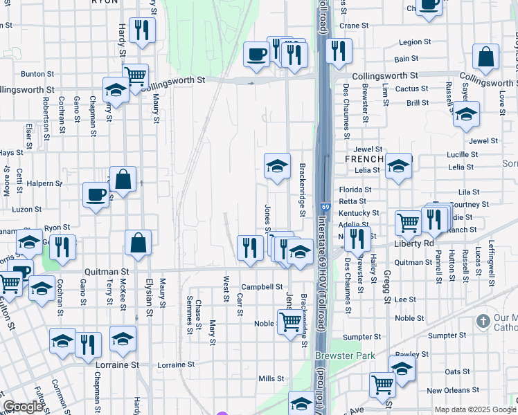 map of restaurants, bars, coffee shops, grocery stores, and more near 2631 Stevens Street in Houston
