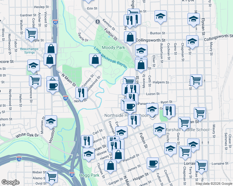map of restaurants, bars, coffee shops, grocery stores, and more near 913 Booth Street in Houston