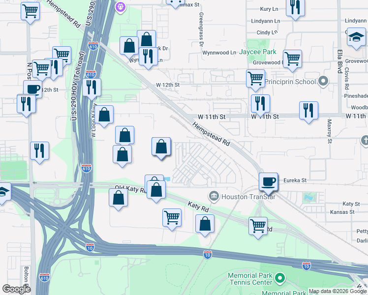 map of restaurants, bars, coffee shops, grocery stores, and more near 947 Blackshire Lane in Houston