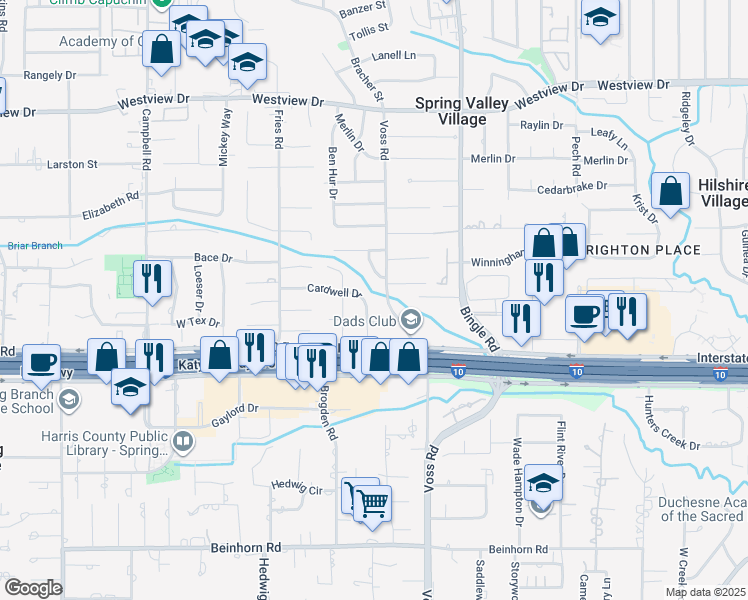 map of restaurants, bars, coffee shops, grocery stores, and more near 8723 Green Valley Drive in Houston