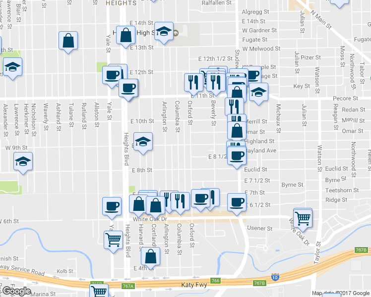 map of restaurants, bars, coffee shops, grocery stores, and more near 514 East 9th Street in Houston