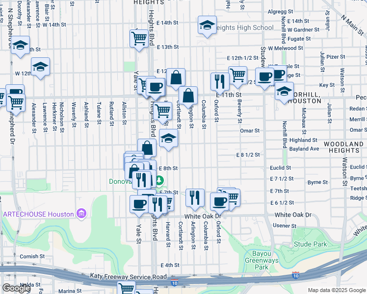 map of restaurants, bars, coffee shops, grocery stores, and more near 844 Cortlandt Street in Houston