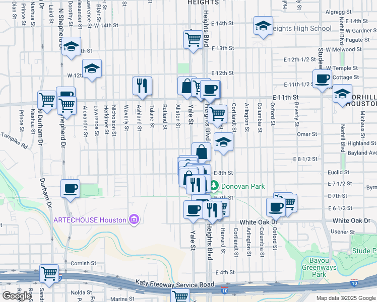 map of restaurants, bars, coffee shops, grocery stores, and more near 123 West 9th Street in Houston