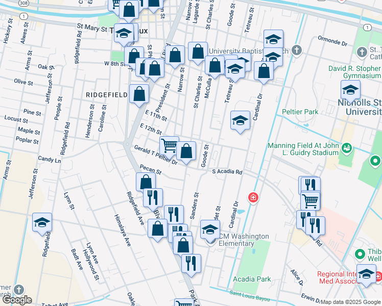 map of restaurants, bars, coffee shops, grocery stores, and more near 1231 Saint Charles Street in Thibodaux