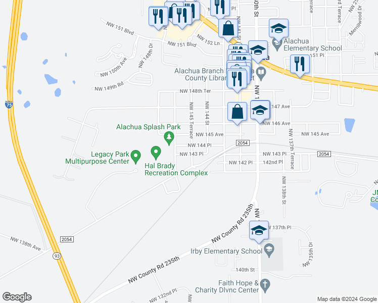 map of restaurants, bars, coffee shops, grocery stores, and more near 14318 Northwest 145 Terrace in Alachua
