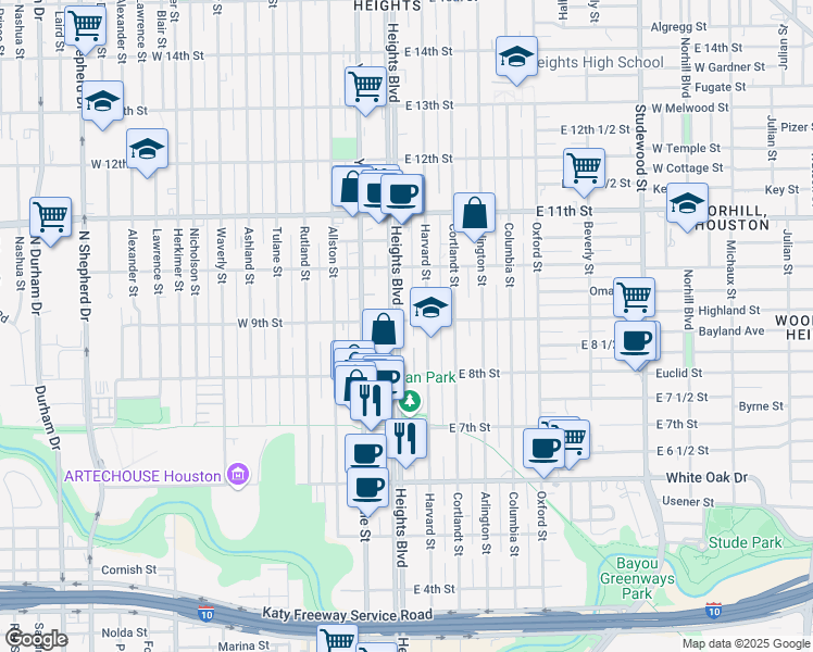 map of restaurants, bars, coffee shops, grocery stores, and more near 101 East 9th Street in Houston