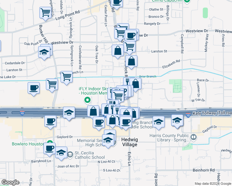 map of restaurants, bars, coffee shops, grocery stores, and more near 166 Cedar Post Lane in Houston