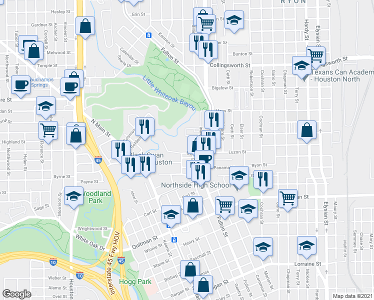 map of restaurants, bars, coffee shops, grocery stores, and more near 913 Booth Street in Houston