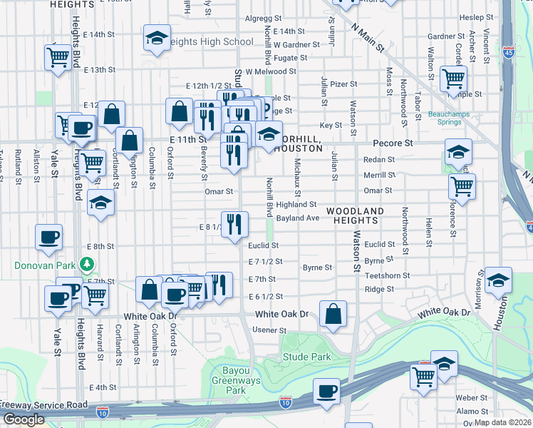 map of restaurants, bars, coffee shops, grocery stores, and more near 1108 Highland Street in Houston