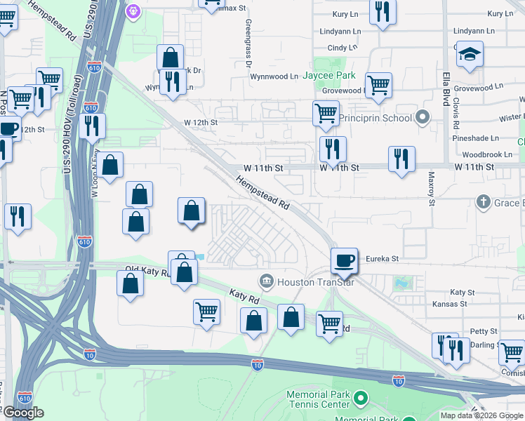 map of restaurants, bars, coffee shops, grocery stores, and more near 8413 Hempstead Road in Houston