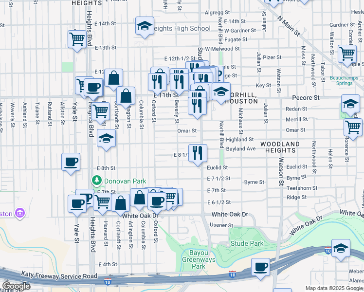 map of restaurants, bars, coffee shops, grocery stores, and more near 706 East 9th Street in Houston