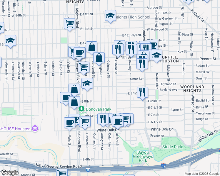 map of restaurants, bars, coffee shops, grocery stores, and more near 844 Columbia Street in Houston