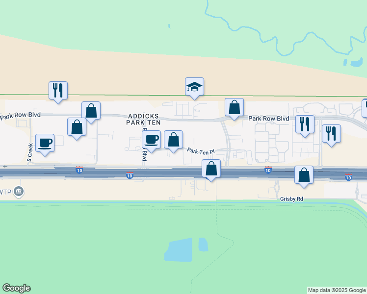 map of restaurants, bars, coffee shops, grocery stores, and more near 10 East Park West Drive in Houston