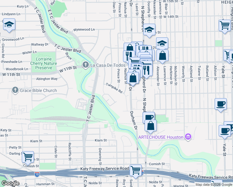 map of restaurants, bars, coffee shops, grocery stores, and more near 1614 Turnpike Road in Houston