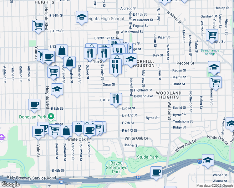 map of restaurants, bars, coffee shops, grocery stores, and more near 833 Studewood Street in Houston