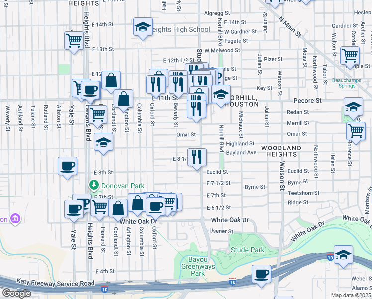 map of restaurants, bars, coffee shops, grocery stores, and more near 706 East 9th Street in Houston