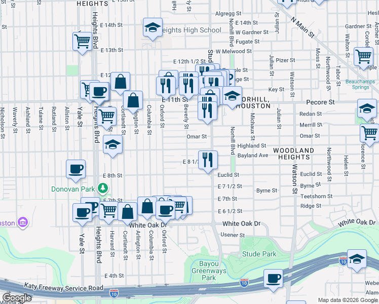 map of restaurants, bars, coffee shops, grocery stores, and more near 706 East 9th Street in Houston