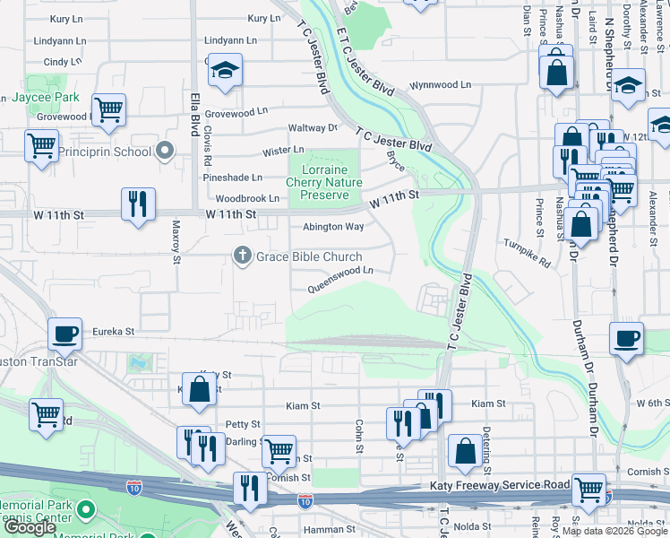 map of restaurants, bars, coffee shops, grocery stores, and more near 6134 Queenswood Lane in Houston