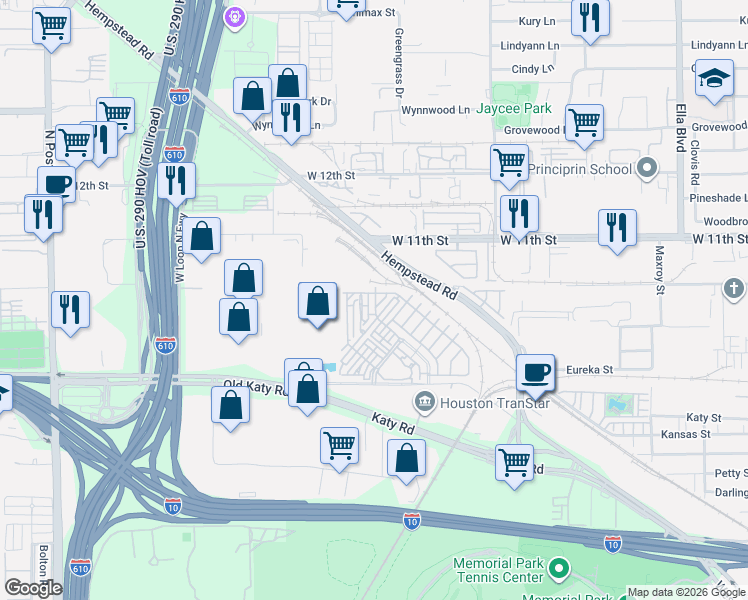 map of restaurants, bars, coffee shops, grocery stores, and more near 947 Blackshire Lane in Houston