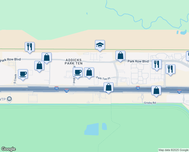 map of restaurants, bars, coffee shops, grocery stores, and more near 16106-16156 Park Ten Place in Houston