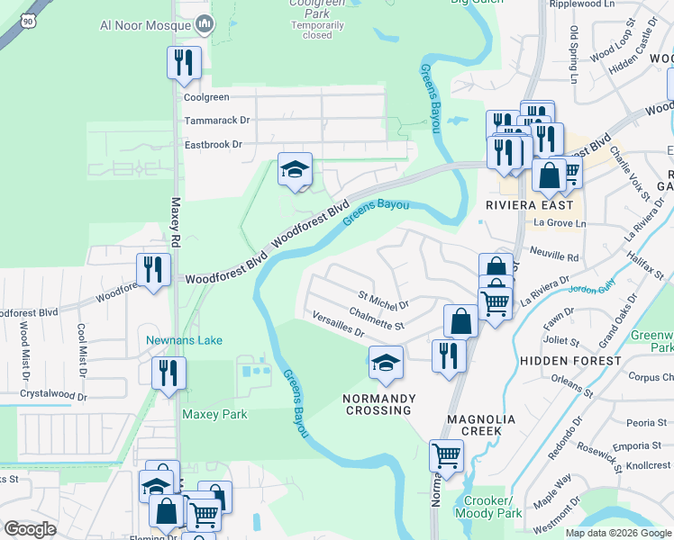 map of restaurants, bars, coffee shops, grocery stores, and more near 12426 West Beaupre Point Drive in Houston