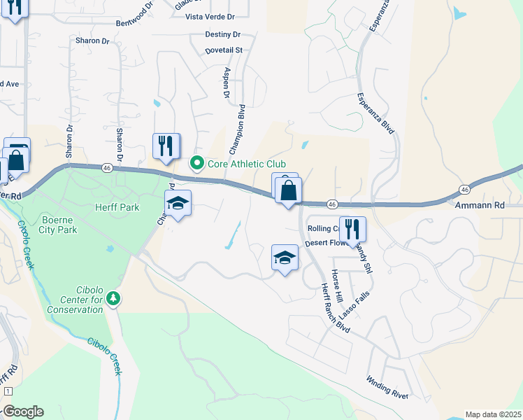 map of restaurants, bars, coffee shops, grocery stores, and more near 1681 River Road in Boerne