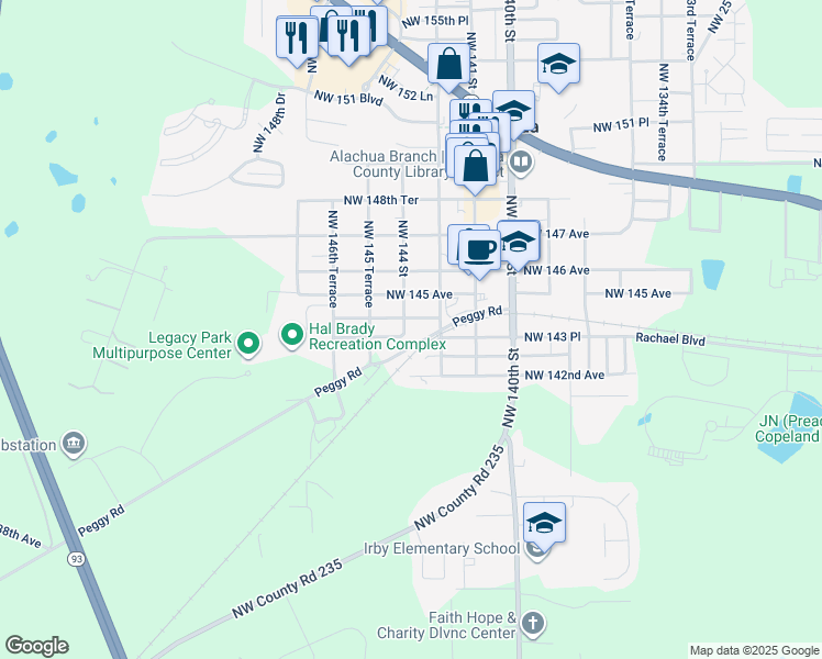 map of restaurants, bars, coffee shops, grocery stores, and more near 14355 Northwest 144 Street in Alachua